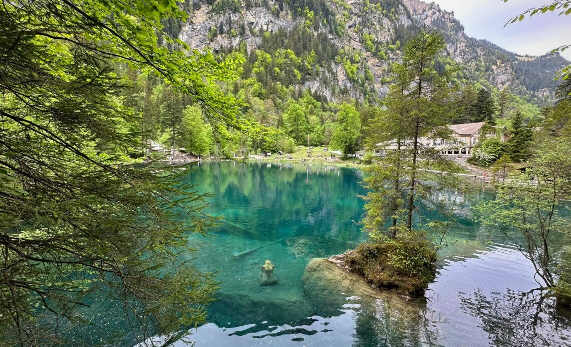 Blausee in der Schweiz: leuchtend blauer See mit Forellen bei Kandersteg